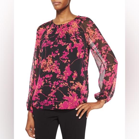 Diane Von Furstenberg Silk Floral Blouse Sheer Sleeves, Lined, Size Small